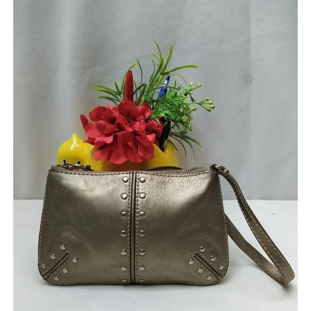 Michael Kors Altor Gray Bronze Leather Studded Zipper Wristlet - Coin Wallet